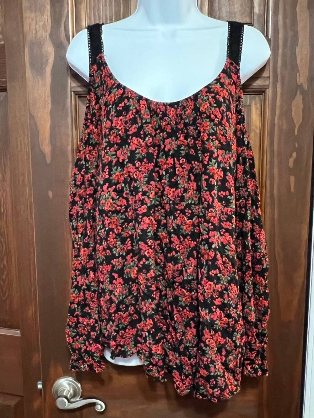 torrid Black Cold-Shoulder Blouse with Red Floral Print